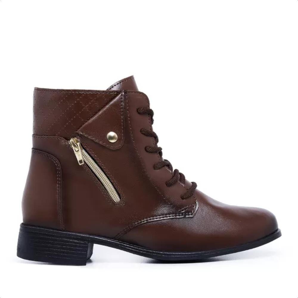 Bota Casual Feminino Cadarço Zíper Lateral Moda Inverno Elegante Detalhe Costura Salto Baixo Marrom 3