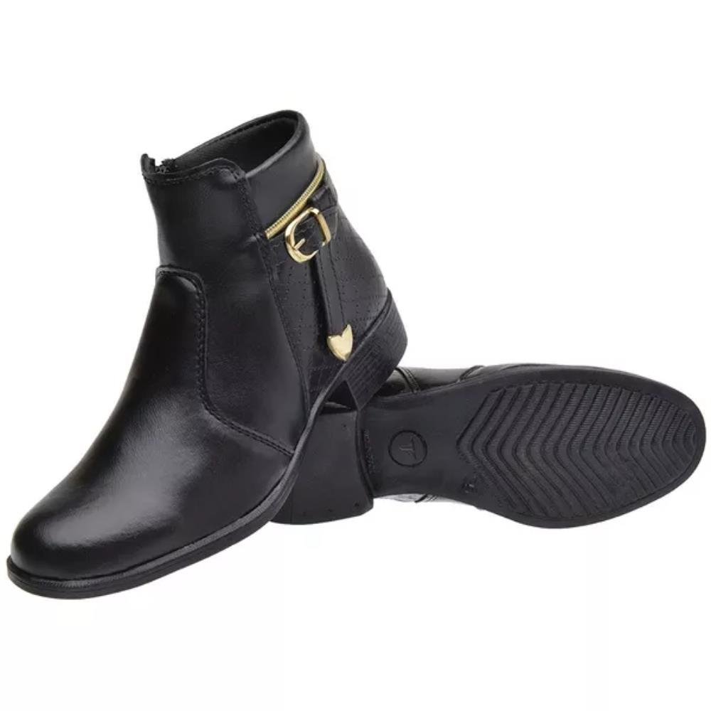 Bota Casual Feminino Cano Curto Zíper Fivela Tira Ponteira Metal Moda Inverno Salto Baixo Preto 2