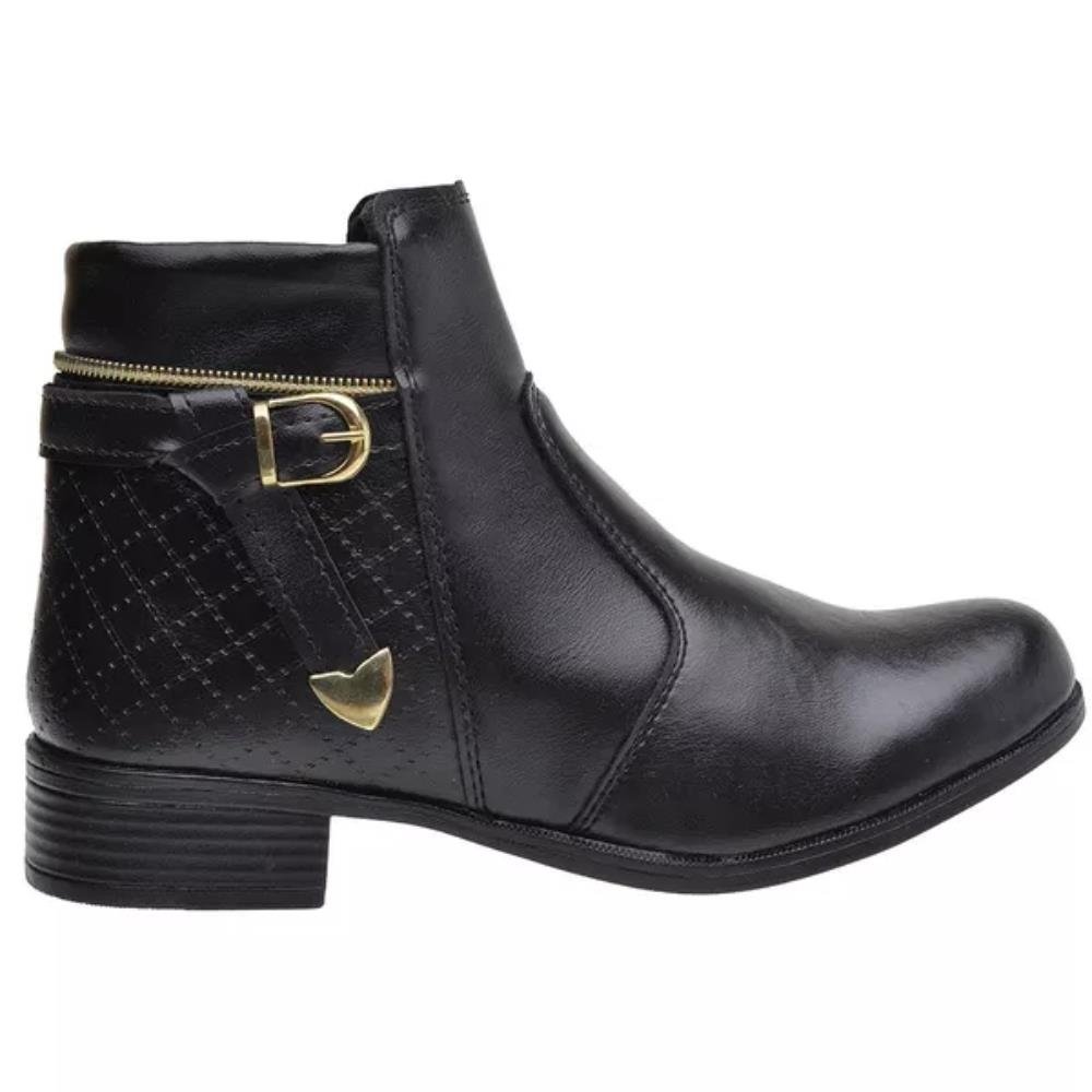 Bota Casual Feminino Cano Curto Zíper Fivela Tira Ponteira Metal Moda Inverno Salto Baixo Preto 3