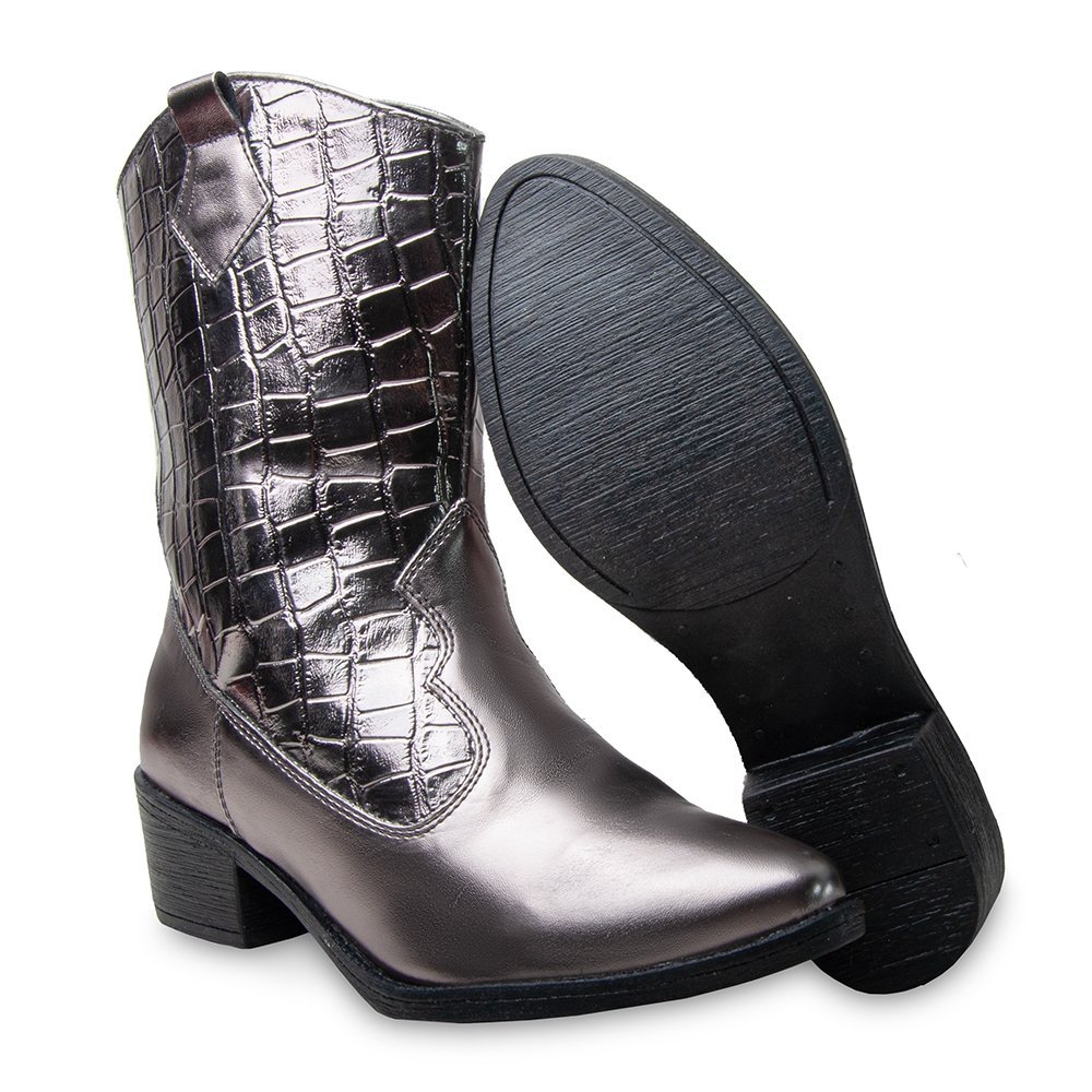 Bota Western Texana Croco Feminino Zíper Moda Country Salto Baixo Prata 2