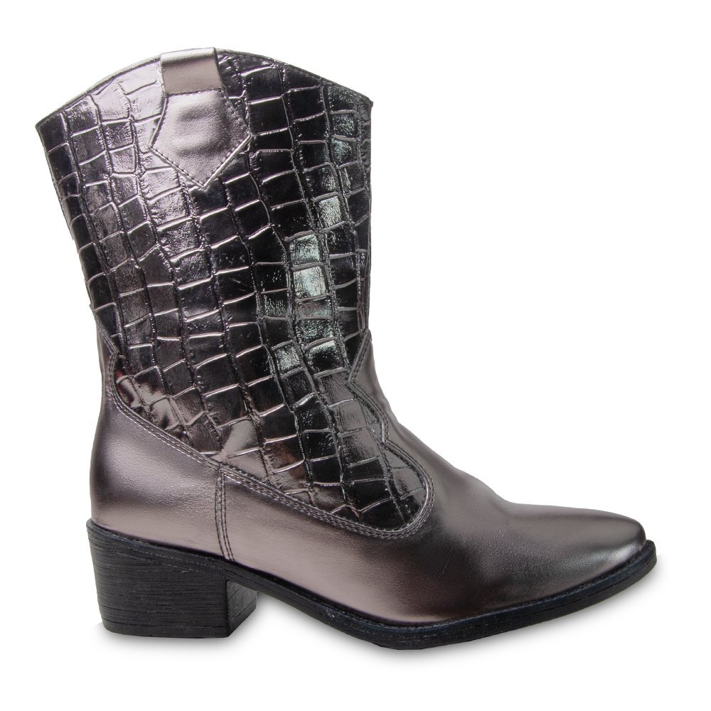 Bota Western Texana Croco Feminino Zíper Moda Country Salto Baixo Prata 3