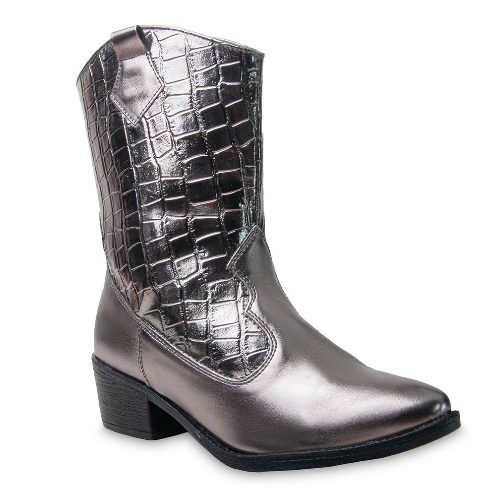 Bota Western Texana Croco Feminino Zíper Moda Country Salto Baixo Prata 4