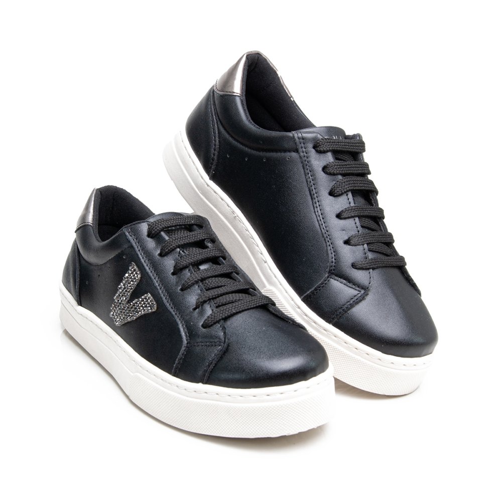Tênis Casual Feminino Cadarço Moda Elegante Detalhes Delicados Sola Reta Confortável Preto 1