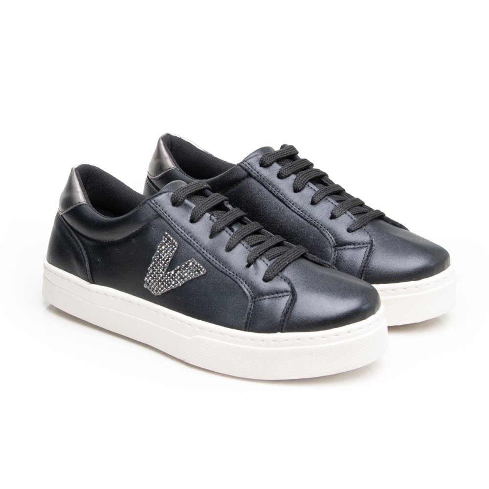 Tênis Casual Feminino Cadarço Moda Elegante Detalhes Delicados Sola Reta Confortável Preto 5