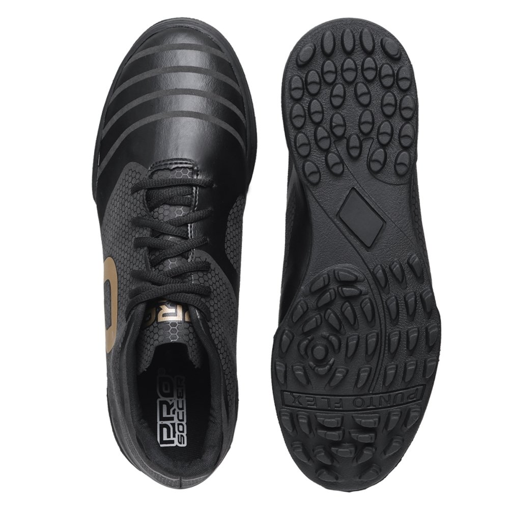 Chuteira Society Futebol Masculino Cadarço Travas Baixas Grama Preto/Dourado 2