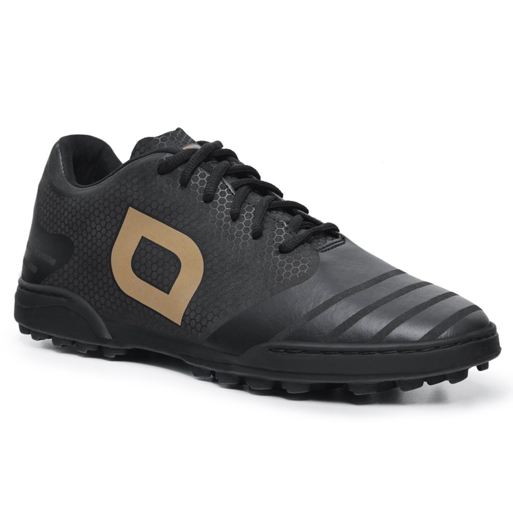 Chuteira Society Futebol Masculino Cadarço Travas Baixas Grama Preto/Dourado 3