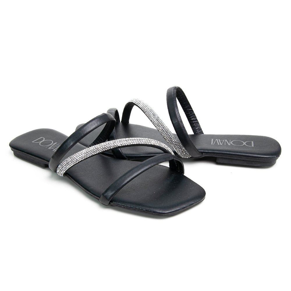 Sandália Rasteirinha Casual Feminino Tiras Brilho Moda Elegante Prática Preto 2