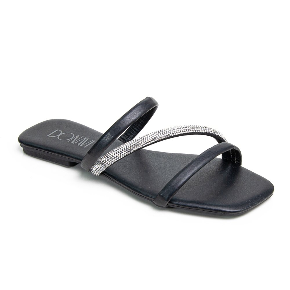 Sandália Rasteirinha Casual Feminino Tiras Brilho Moda Elegante Prática Preto 3