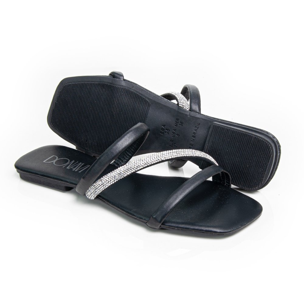 Sandália Rasteirinha Casual Feminino Tiras Brilho Moda Elegante Prática Preto 4