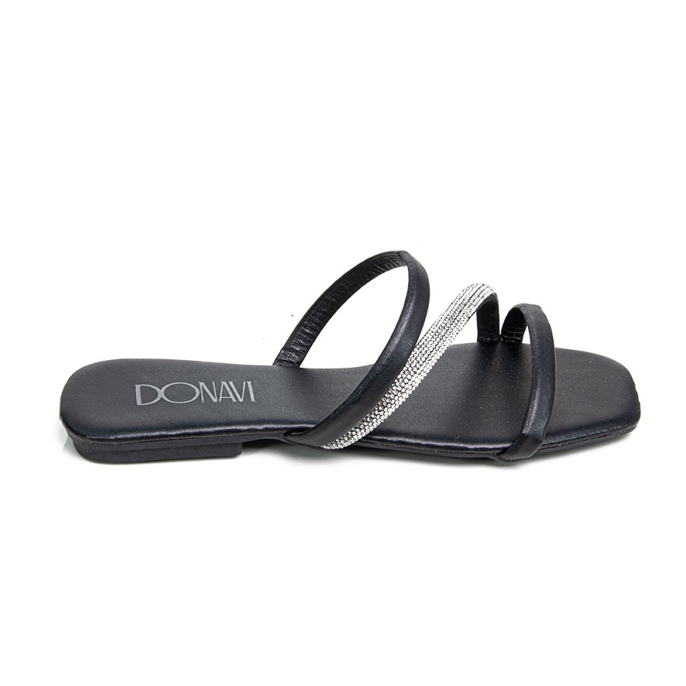 Sandália Rasteirinha Casual Feminino Tiras Brilho Moda Elegante Prática Preto 5