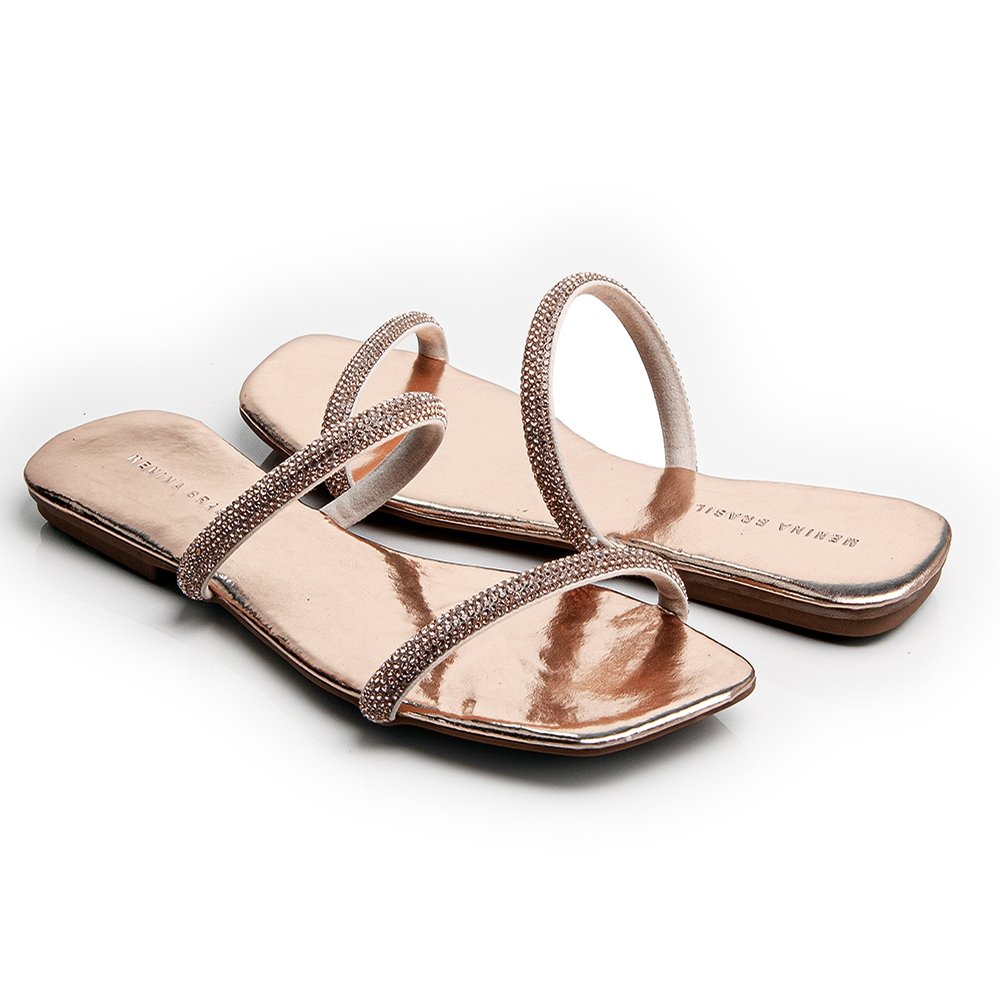 Sandália Rasteirinha Casual Feminino Tiras Brilho Calce Fácil Elegante Dourado 1