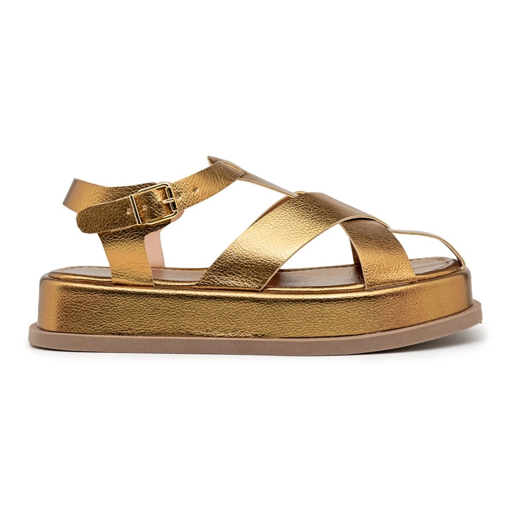 Sandália Casual Feminino Tiras Grossas Fivela Confortável Sola Plataforma Dourado 5