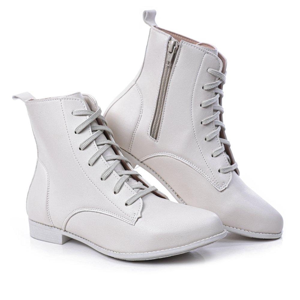 Bota Casual Feminino Cano Curto Zíper Cadarço Bico Fino Elegante Salto Baixo