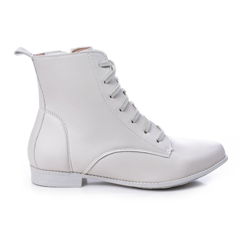Bota Casual Feminino Cano Curto Zíper Cadarço Bico Fino Elegante Salto Baixo Branco 2