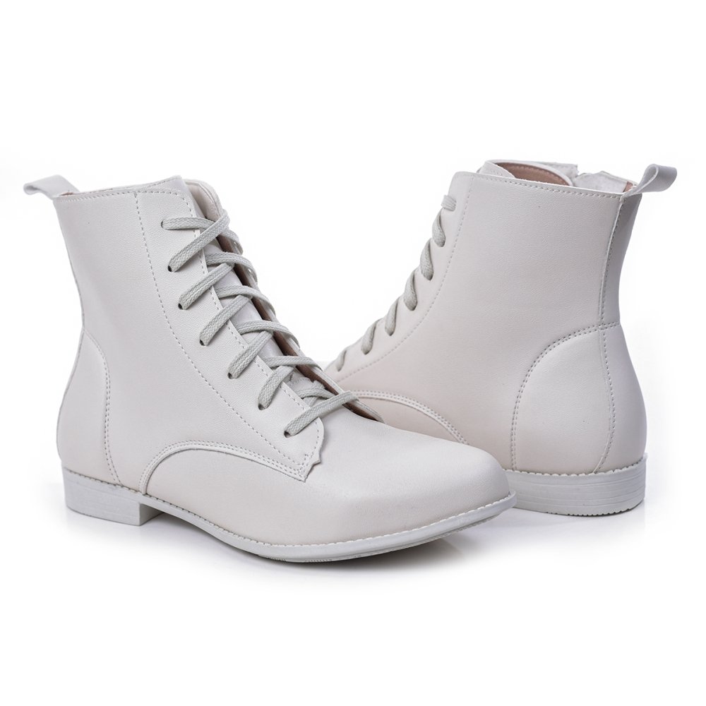 Bota Casual Feminino Cano Curto Zíper Cadarço Bico Fino Elegante Salto Baixo Branco 3