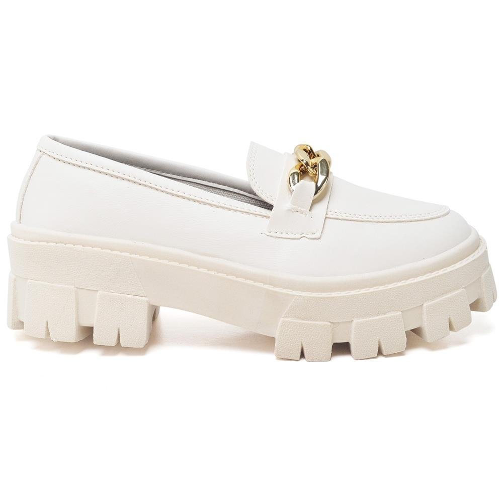Mocassim Casual Feminino Detalhe Corrente Moda Sola Tratorada Branco 2
