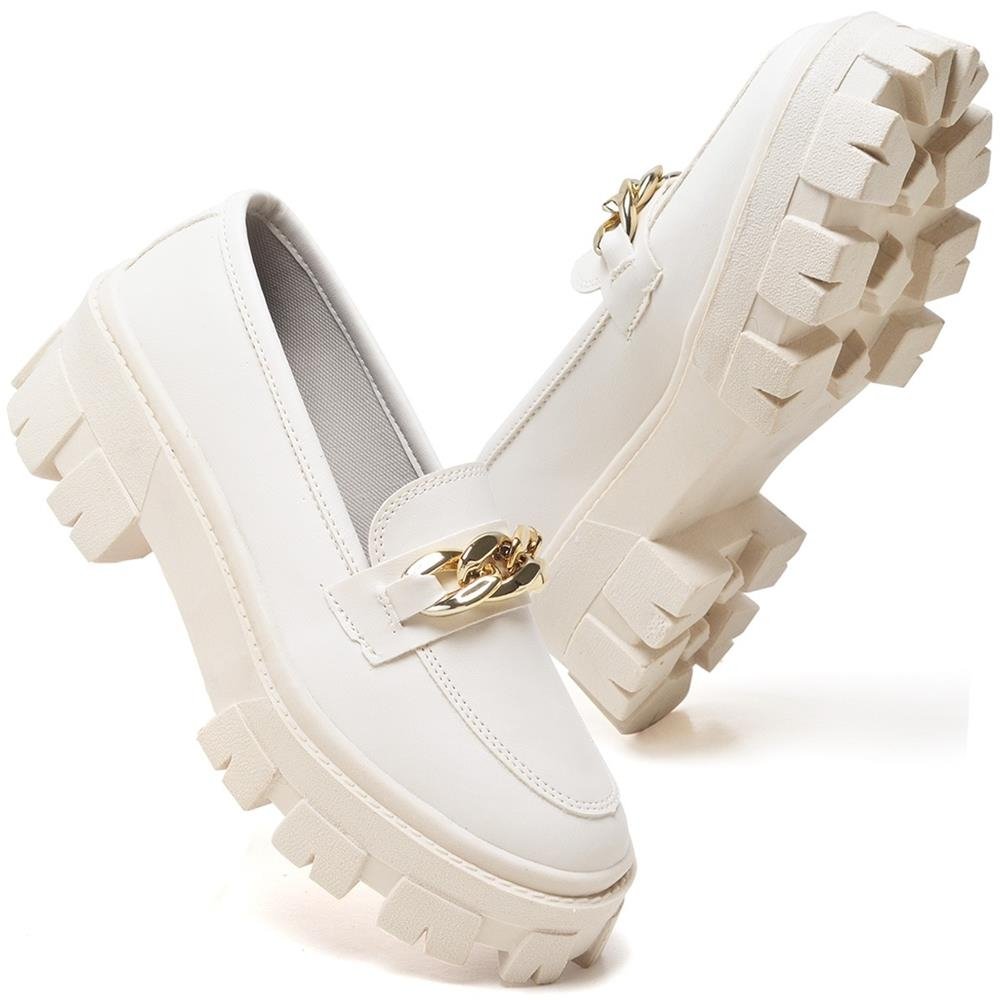 Mocassim Casual Feminino Detalhe Corrente Moda Sola Tratorada Branco 3