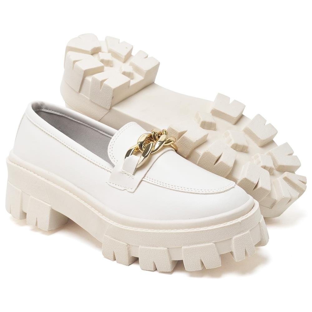 Mocassim Casual Feminino Detalhe Corrente Moda Sola Tratorada Branco 4