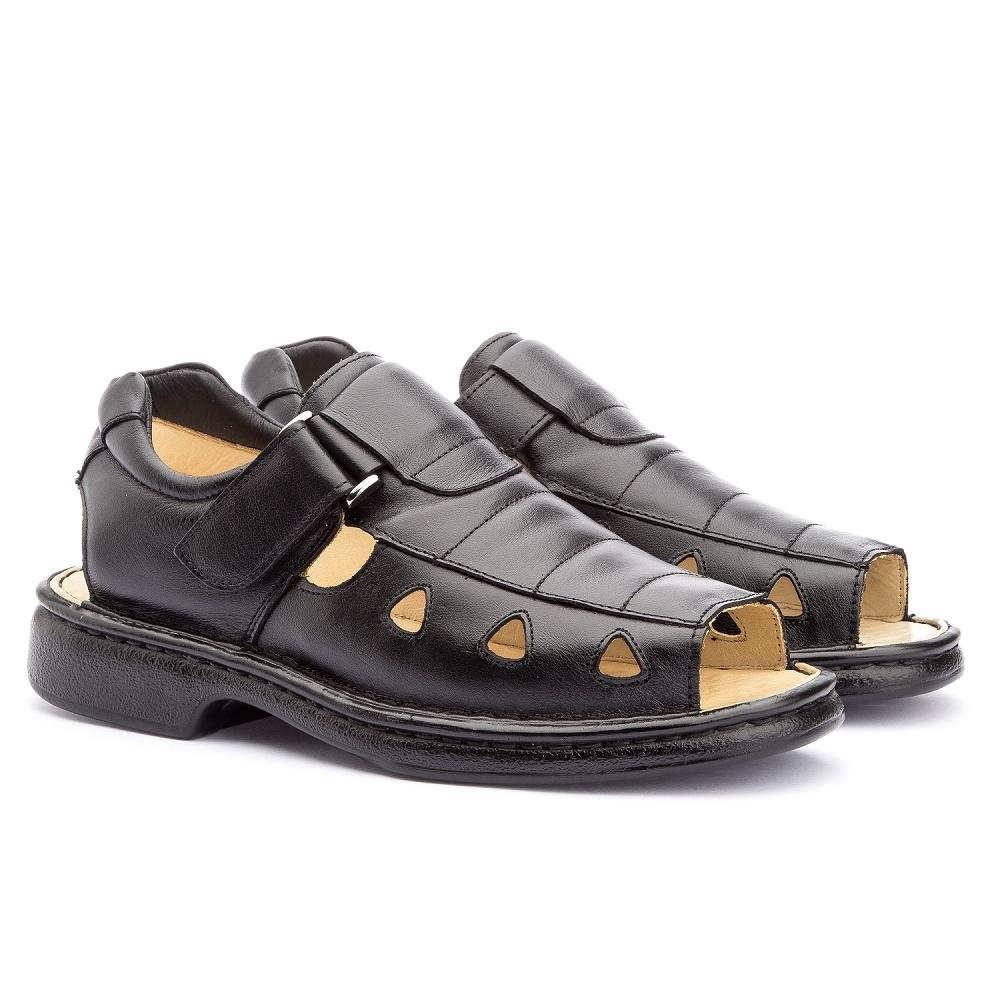 Sandália Masculina Em Couro Confort Gel em Couro Fecho Lateral Casual