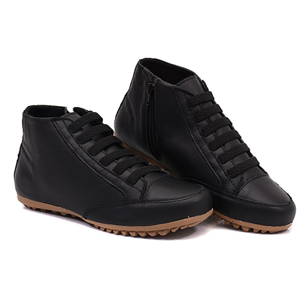 Sapatenis de Botinha Lisa Em Couro Sola Borracha Macia Com Elástico e Zíper Lateral Moda Casual Preto 1
