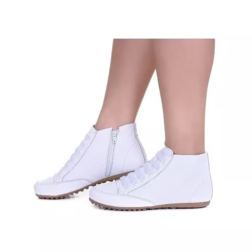 Sapatenis de Botinha Lisa Em Couro Sola Borracha Macia Com Elástico e Zíper Lateral Moda Casual Branco 2