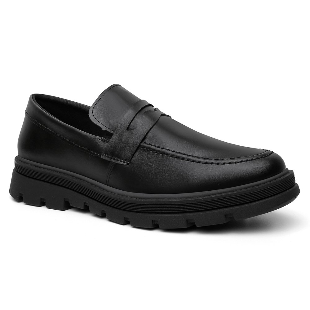 Mocassim Casual Masculino Elástico Calce Fácil Detalhe Costuma Sola Alta Tratorada Preto 5