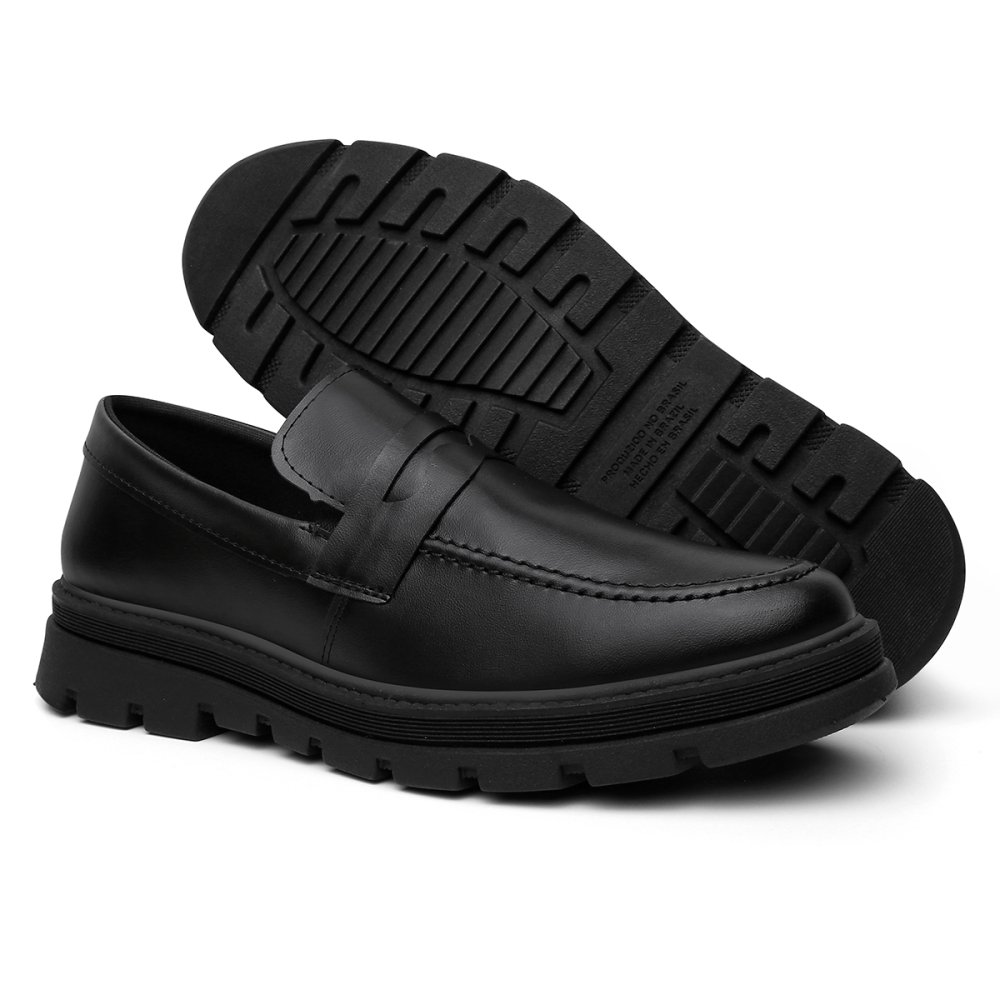 Mocassim Casual Masculino Elástico Calce Fácil Detalhe Costuma Sola Alta Tratorada Preto 1
