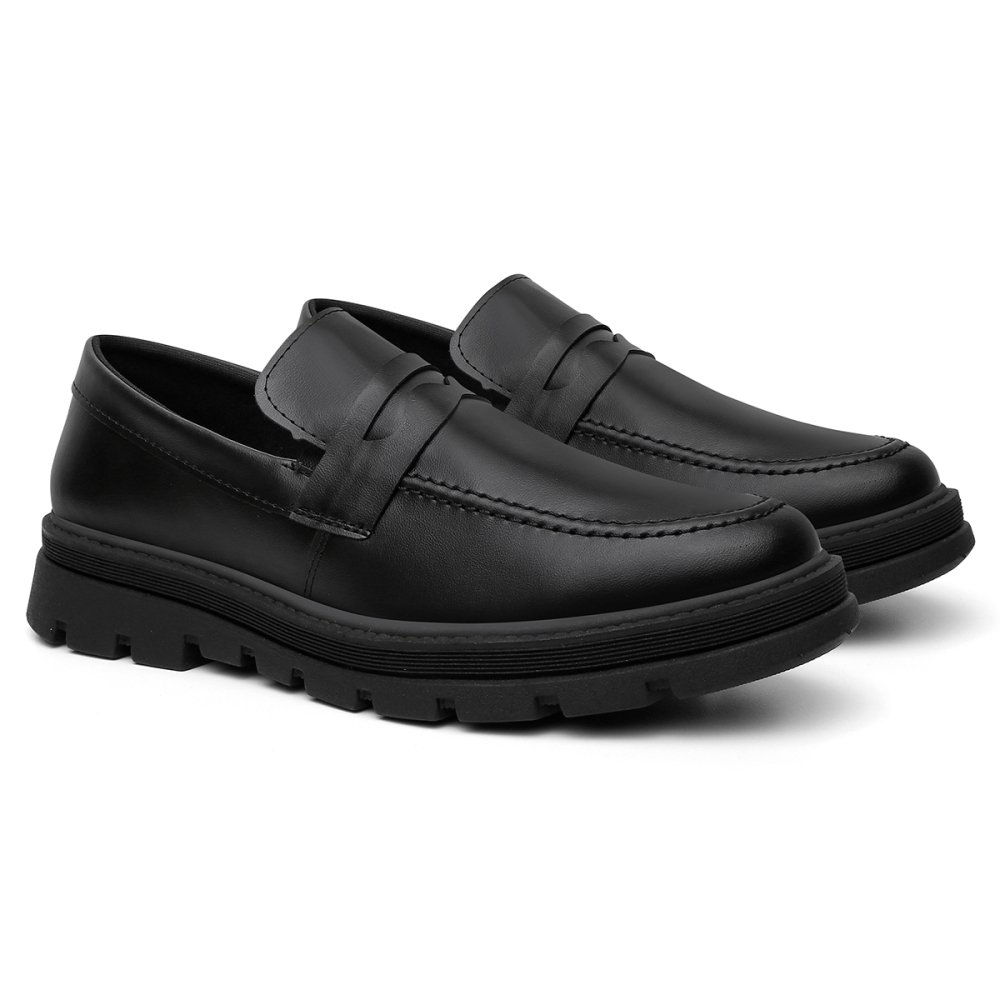 Mocassim Casual Masculino Elástico Calce Fácil Detalhe Costuma Sola Alta Tratorada Preto 3