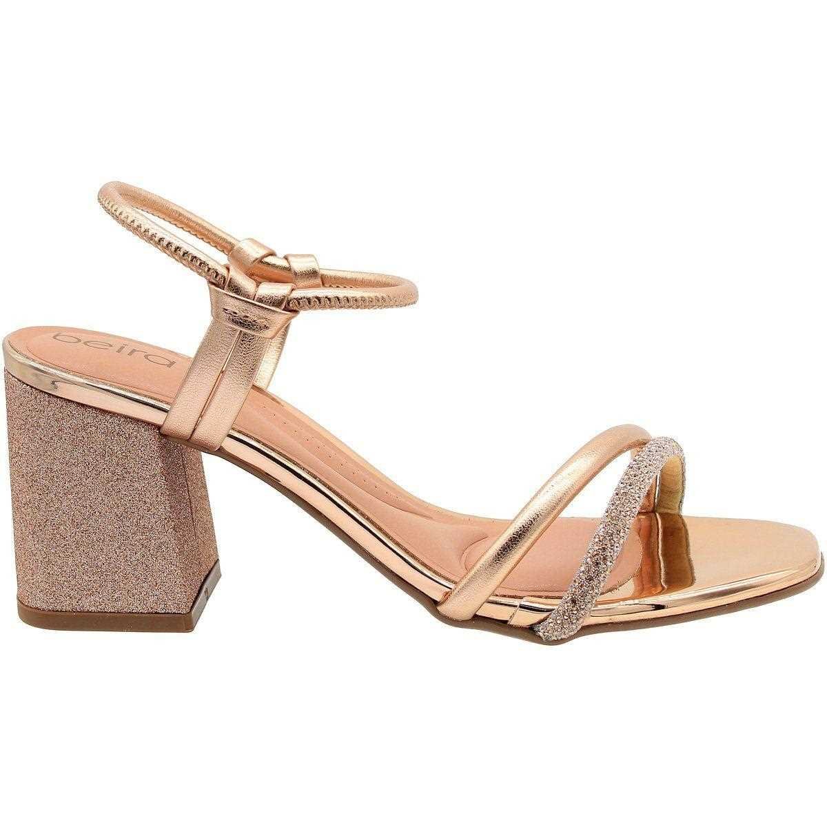 Sandália Feminina Beira Rio Salto Blocado Tira Brilhante Dourado 1