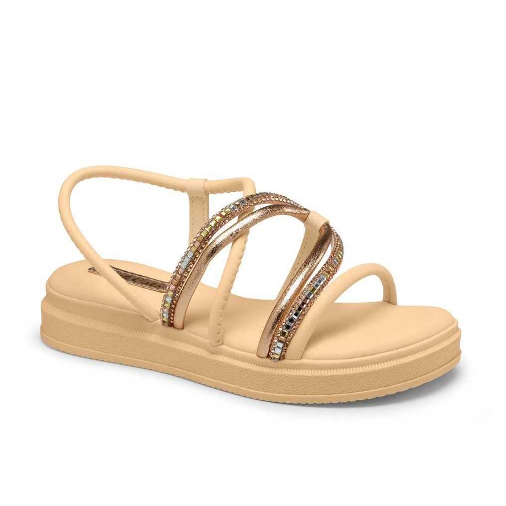 Sandália Infantil Menina Pink Cats Flatform Tiras Brilhantes Bege 1