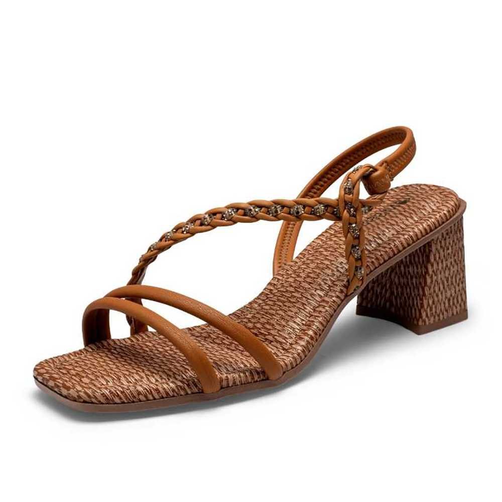 Sandália Feminina Mississipi Salto Bloco com Tiras Trançadas Dourada ou Camel Marrom 2
