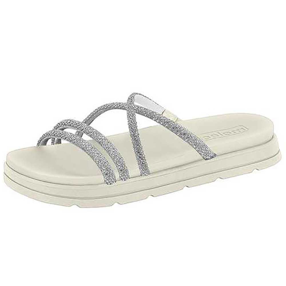Tamanco Feminino Moleca Flatform Tiras Brilhantes Branco 2