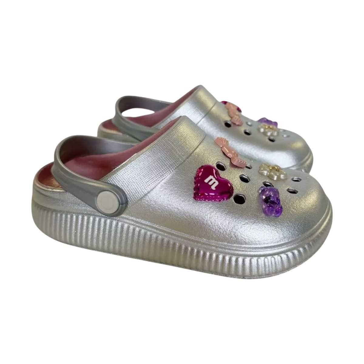 Chinelo Infantil Menina Molekinha Com Broches Decorativos Prata 3