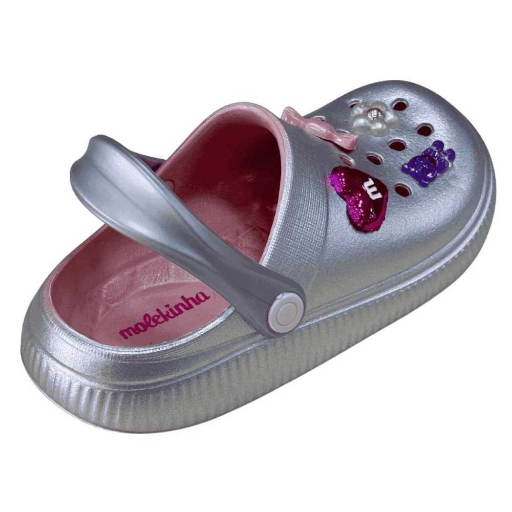Chinelo Infantil Menina Molekinha Com Broches Decorativos Prata 5