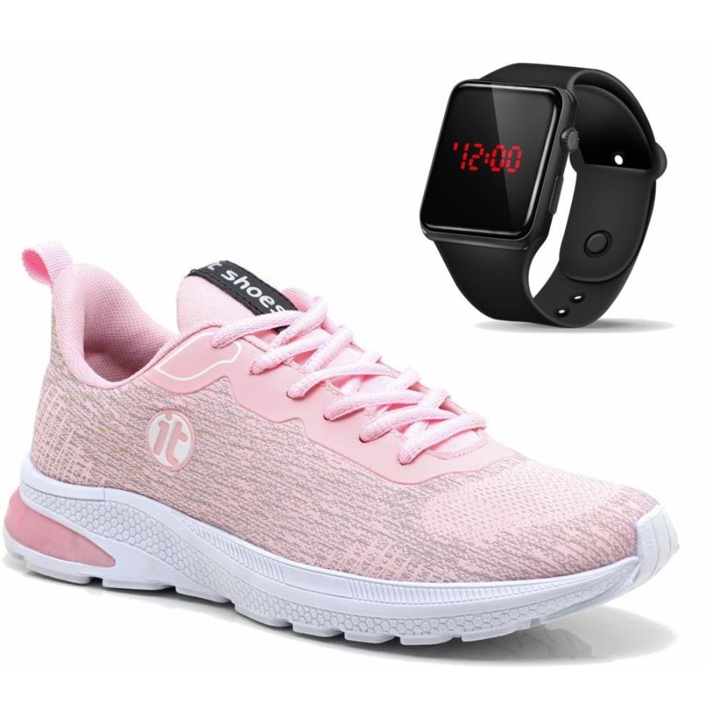 Tênis Caminhada Feminino Academia + Relógio Digital LED Rosa 1