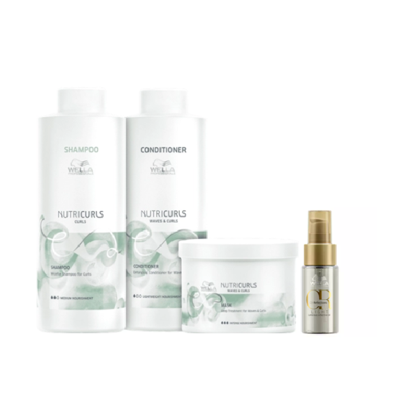 Wella Professionals Nutricurls - Shampoo+Condicionador 1L +Mascara Capilar 500ml+Oil Reflections Light 30ml ÚNICO 1