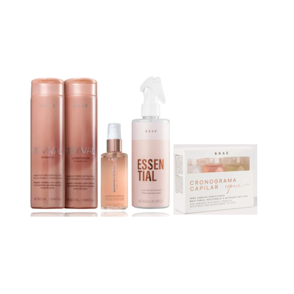 BRAE Revival Shampoo+Condicionador 250ml+Shine Oil 60ml+Essential 260ml+Cronograma Capilrar Repair Kit 3 Ampolas ÚNICO 3