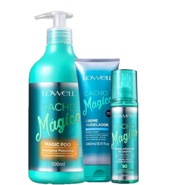 Lowell Cacho Magico Shampoo 500ml Creme Modelador 240ml e Fluido 200ml ÚNICO 1