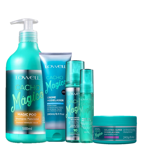 Lowell Cacho Magico Shampoo 500ml Creme Modelador 240ml Fluido 200ml Oleo 60ml e Gelatina 240g ÚNICO 9