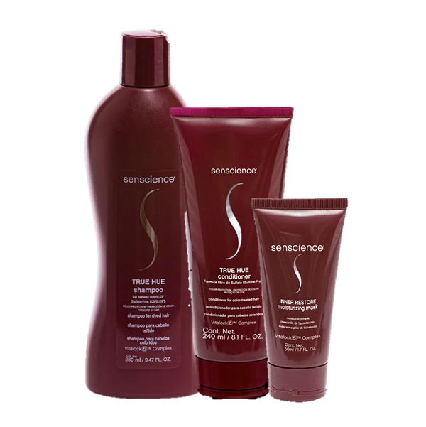 Senscience True Hue Shampoo 280ml Condicionador 240ml e Inner Restore Moisturizing Mask 50ml ÚNICO 6