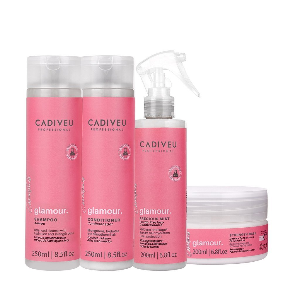 Kit Cadiveu Profissional Essentials Glamour Shampoo Condicionador Mascara e Fluido (4 produtos)