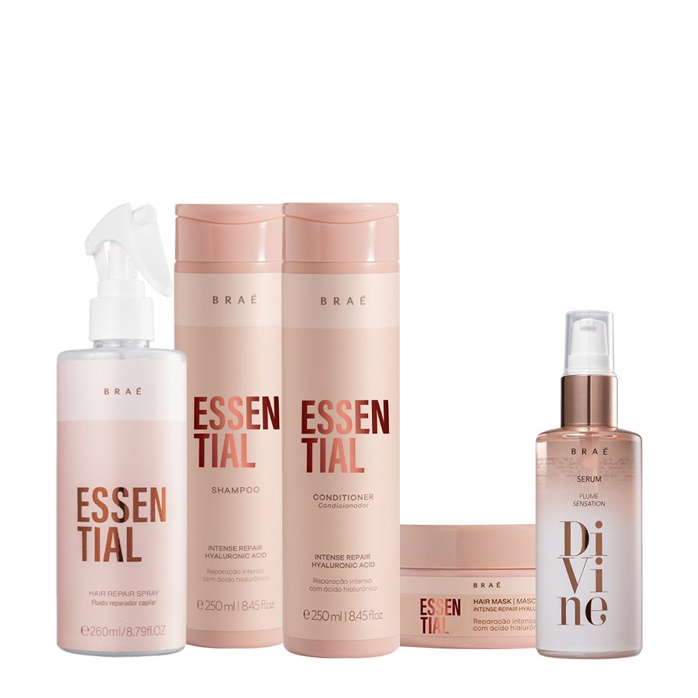 Kit Brae Essential Shampoo Condicionador Hair Spray Mascara e Divine Plume Serum Capilar (5 produtos) ÚNICO 1
