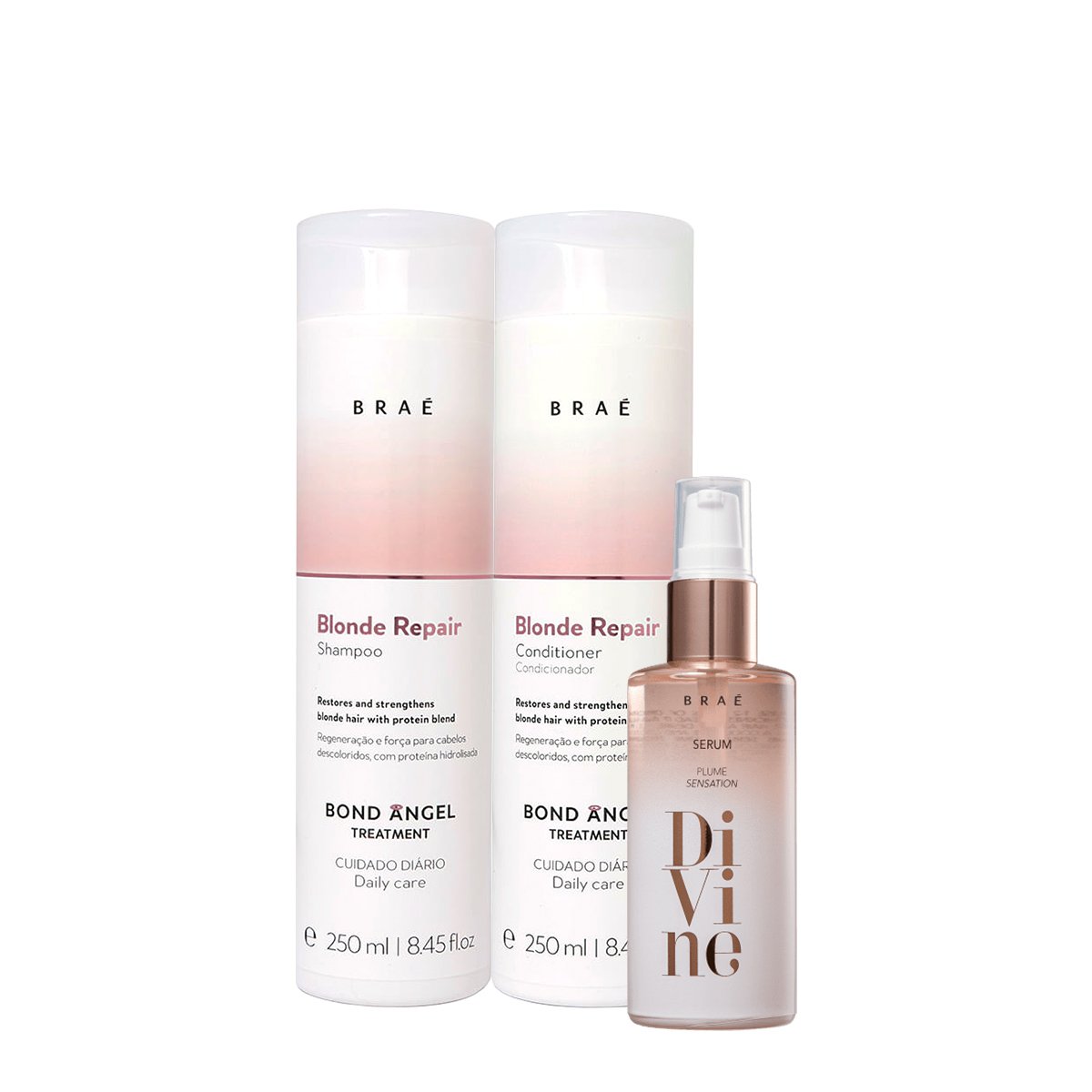 Kit Brae Blond Repair Shampoo Condicionador e Divine Plume Sensation Serum  (3 produtos)