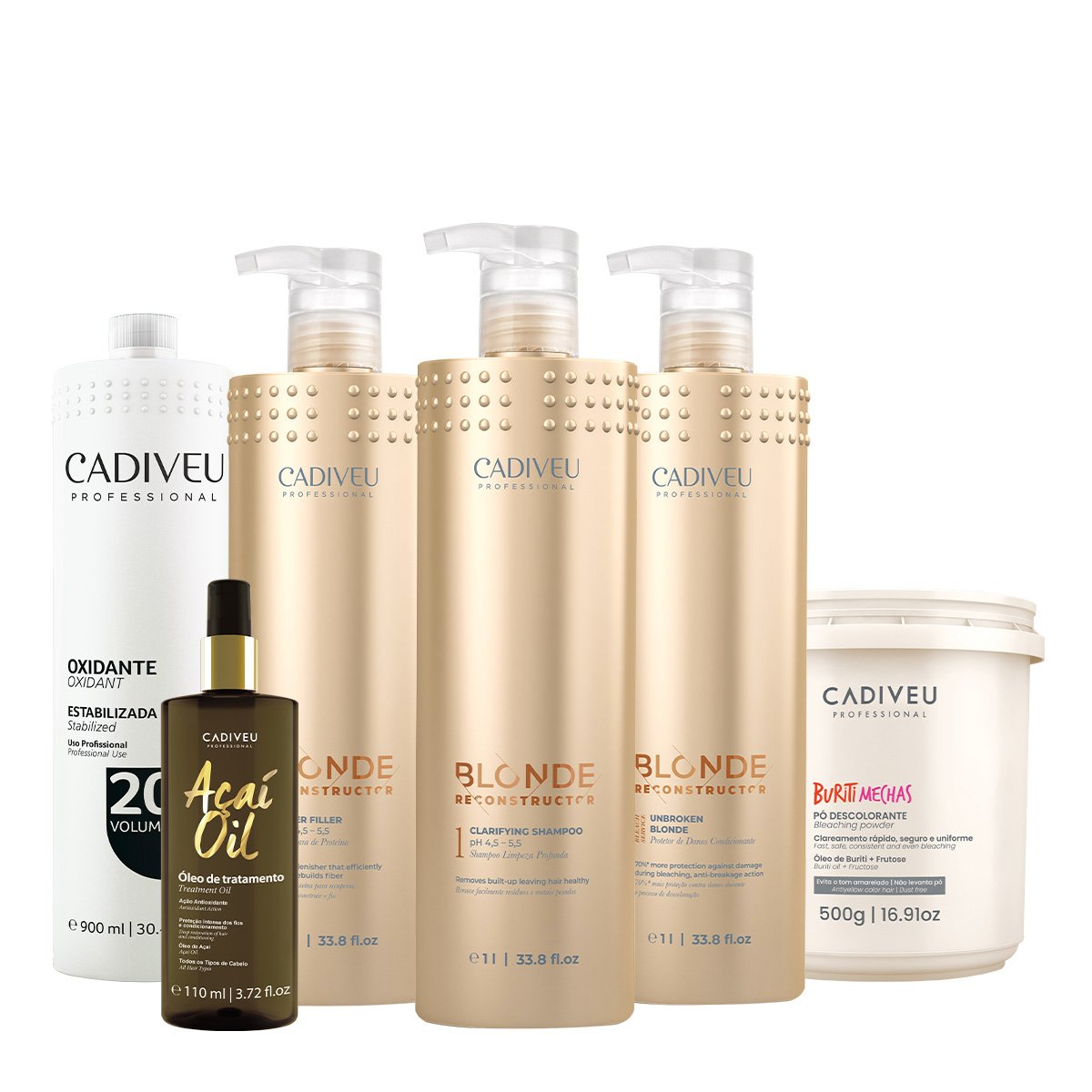 Kit Cadiveu Professional Blonde Reconstructor Shampoo Condicionador Mascara Ox 20v Buriti Mechas e Acai Oil (6 produtos) ÚNICO 1