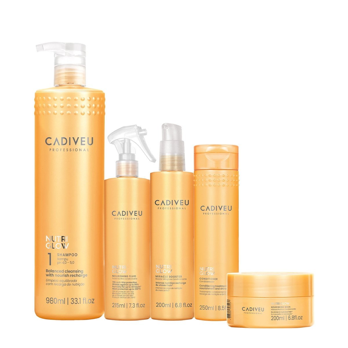 Kit Cadiveu Professional Nutri Glow Booster Fluido Shampoo Condicionador Mascara e Leave-in (5 produtos)