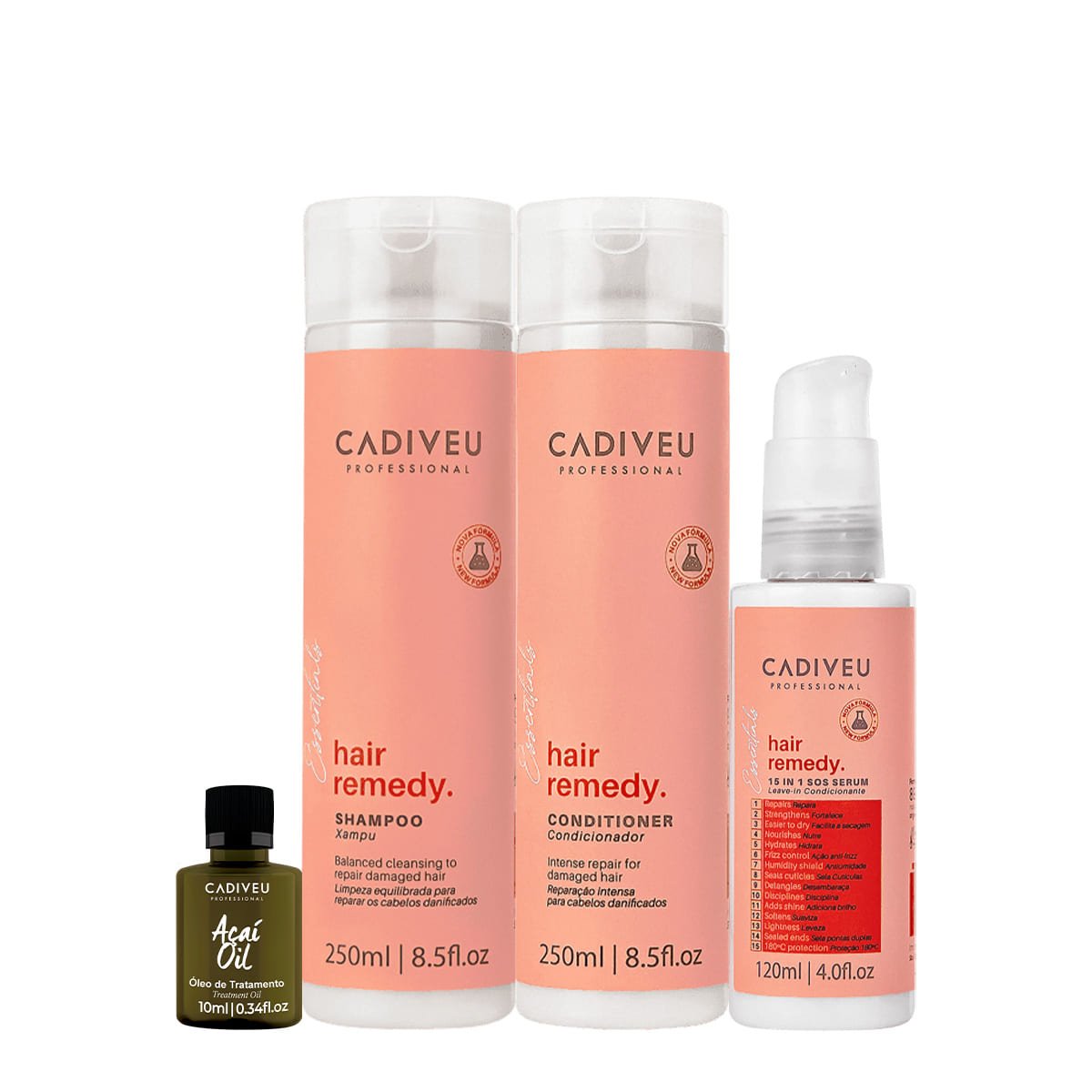 Kit Cadiveu Essentials Hair Remedy Shampoo Condicionador  Leave-in Serum e Acai Oil (4 produtos) ÚNICO 1