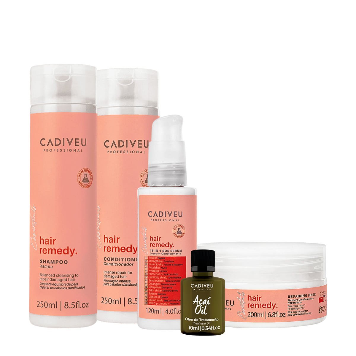 Kit Cadiveu Essentials Hair Remedy Shampoo Condicionador Mascara Leave-in e Acai Oil (5 produtos)