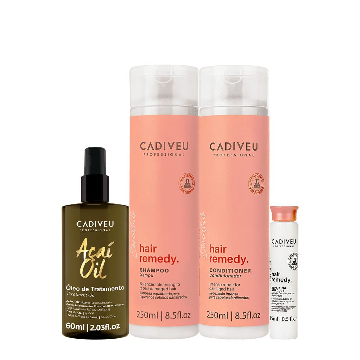 Kit Cadiveu Essentials Hair Remedy Shampoo Condicionador Ampola e Acai Oil 60 (4 produtos) ÚNICO 1