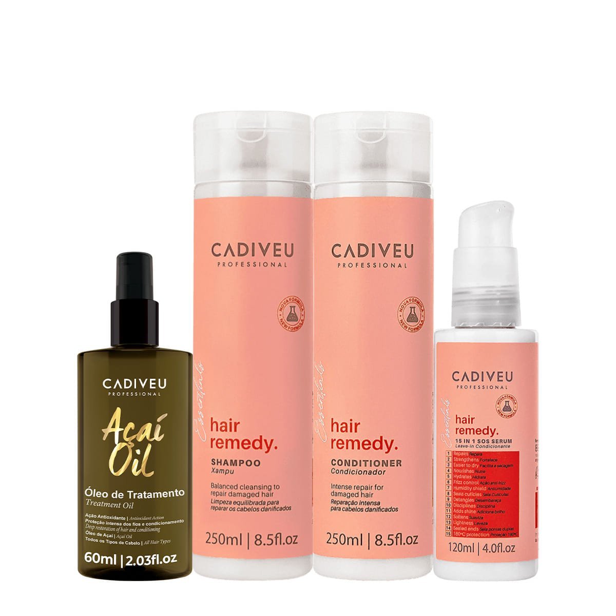 Kit Cadiveu Essentials Hair Remedy Shampoo Condicionador Leave-in Serum e Acai Oil 60 (4 produtos) ÚNICO 1