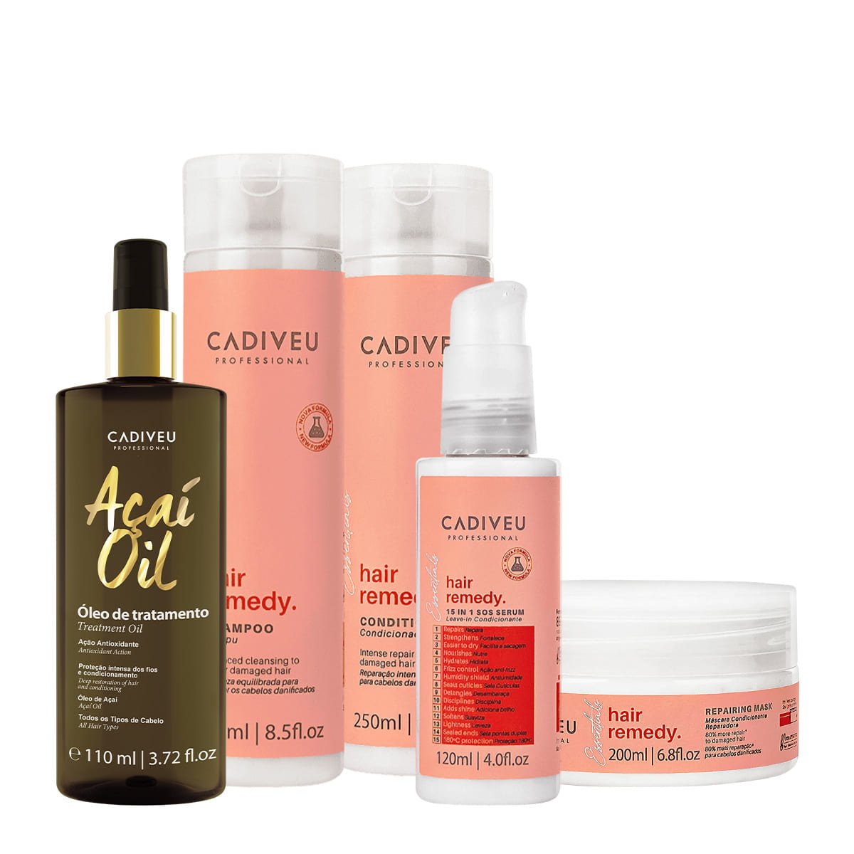 Kit Cadiveu Essentials Hair Remedy Shampoo Condicionador Mascara Leave-in e Acai Oil 110 (5 produtos) ÚNICO 1